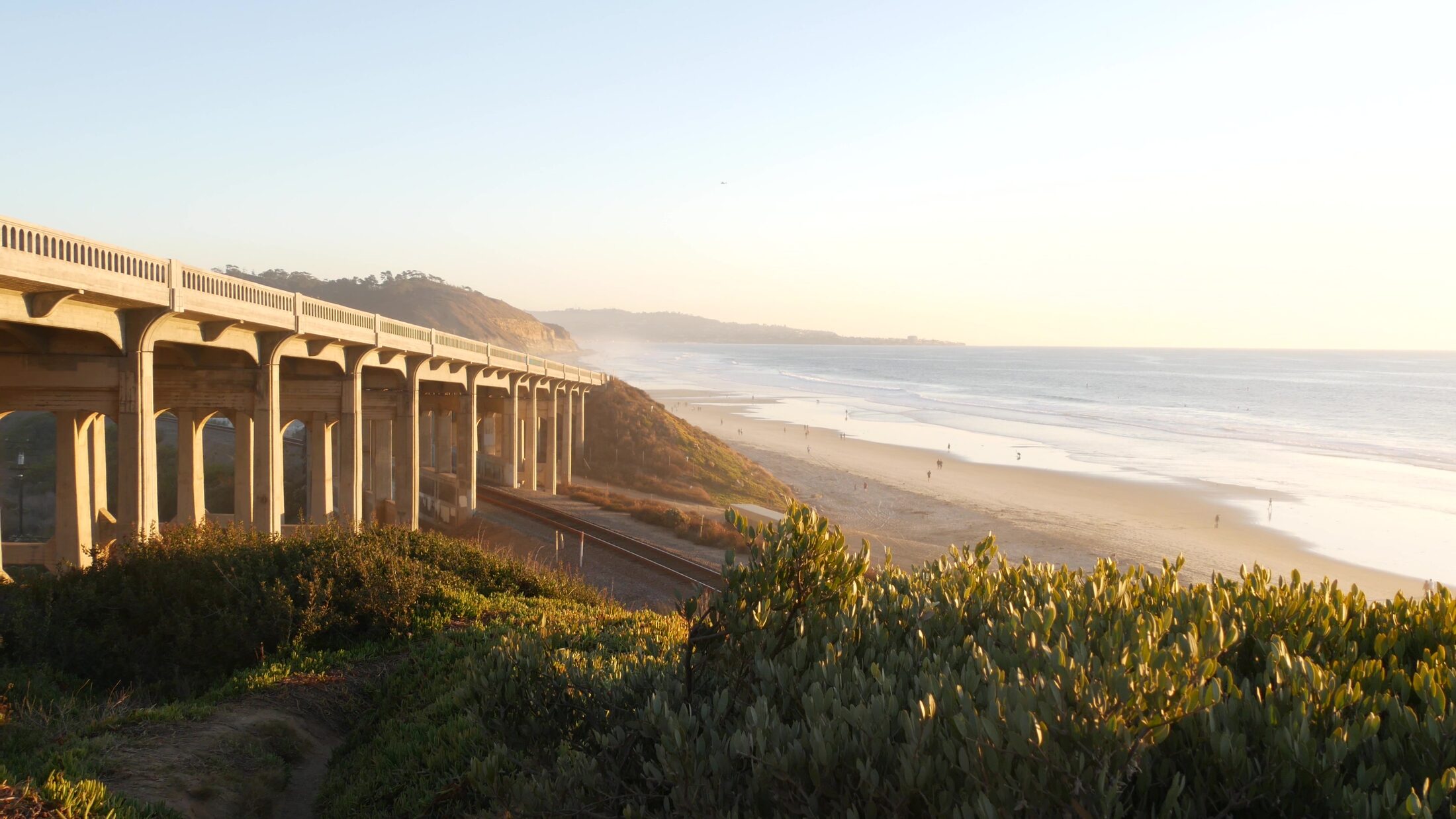 Late afternoon light on the Torrey Pines bridge and the beach at Del Mar, California