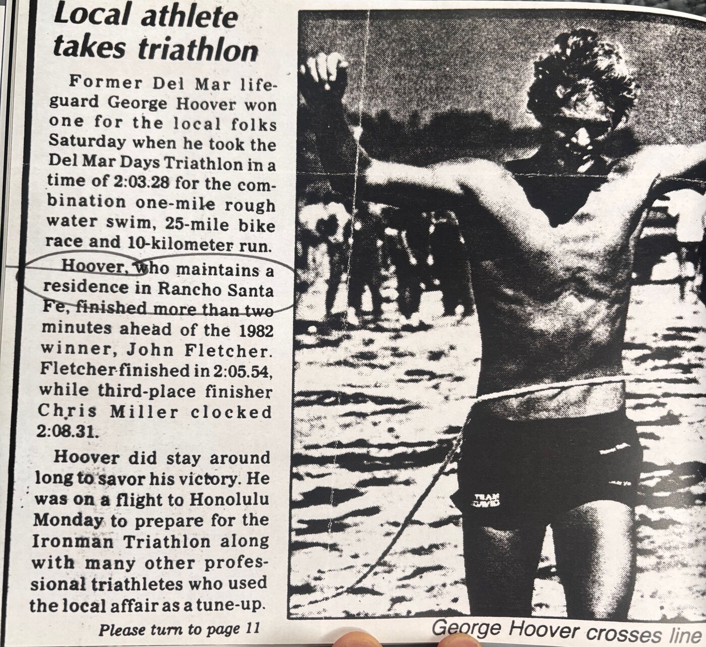Newspaper coverage of George Hoover winning the Del Mar Days Triathlon